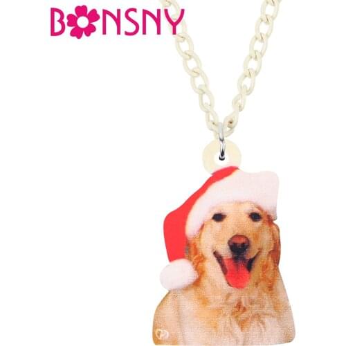 Bonsny Acrylic Christmas Hat Golden Retriever Dog Necklace Pendant Chain Animal Jewelry For Women Girl Teen Kids Decoration Gift