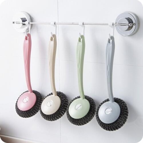 Plain long handle steel ball wash pot brush household kitchen stainless steel cleaning ball sink stove cleaning brush