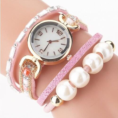 Dropshipping Women Bracelet Pearl Pendant Watches Luxury Ladies Leather Quartz Rhinestone Wristwatches Zegarek Damski