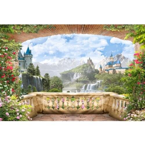 Waterfall Castle Landscape View Platform Photography Backgrounds Baby Portrait Photographic Backdrops For Home Photo Studio