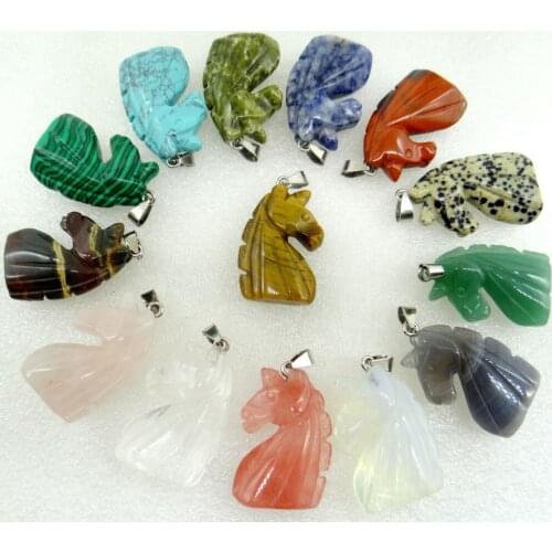 Natural Stone Pendant Turquoises Quartz Crystal Tiger Eye Carved Unicorn Pendant For DIY Jewelry Making Necklace 12pcs
