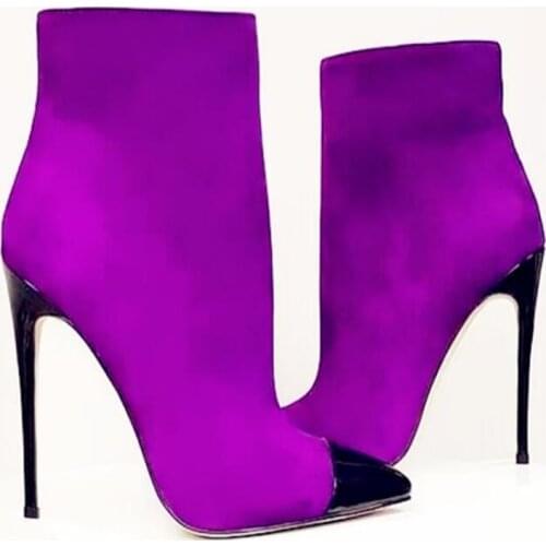 Hot Selling Black Pointed Toe Ankle Boots Purple Red Suede Patchwork Stiletto Heels Dress Shoes Zipper Short Boot Dorp Ship