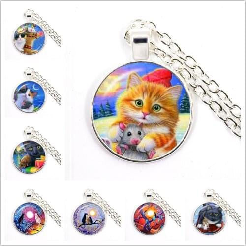 2021 New Hot Art Charm Cute Children Cat Pendant Round Photo Glass Cabochon Dome Necklace Gift Sweater Chain