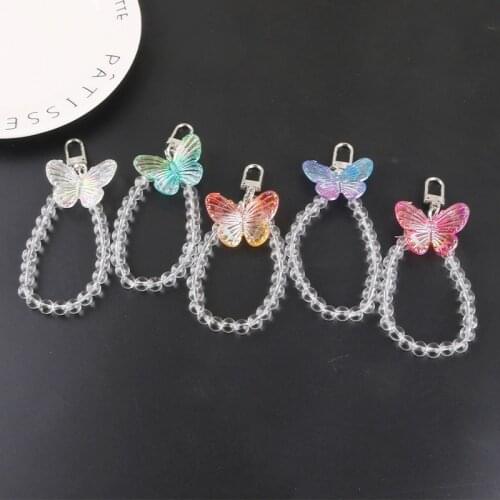 New Creative Bead Bracelet Chain Keyring Car Bag Pendant Decoration Keychain Cute Colorful Acrylic Butterfly Keyfob Ornament
