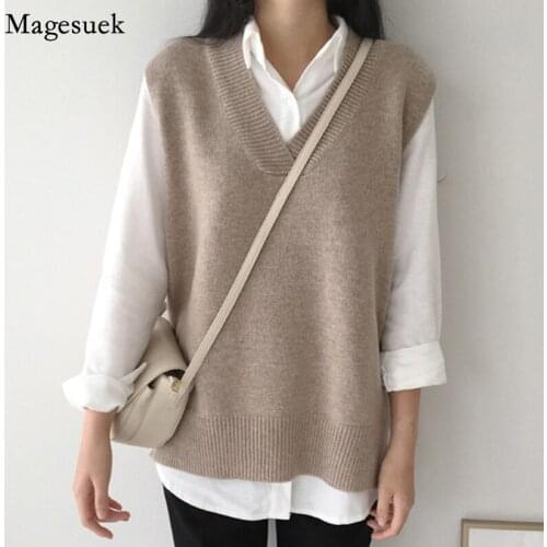 Autumn Women Sweater Vest V-neck Knitted Pullover Women Sweaters Solid Casual Korean Sleeveless Vintage Knit Vest 2021 New 16547