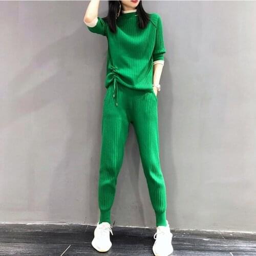 Casual Half Sleeve Womens Knitted Two-Piece Suits Lace-Up Pleated Knitwear T-Shirt And Classic Sweatpants Fashion Sets Female