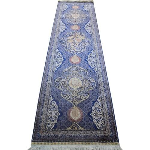 2.5x9.84 ft Long Corridor Rectangle Blue Hand Knotted Persian Silk Carpet For Corridor