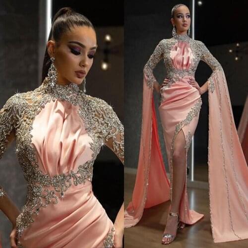 Luxury Arabic Dubai Kaftan Abaya 2021 Sparkle Crystals High Neck Long Sleeve Evening Prom Gowns Ruched Satin Split robe de soire