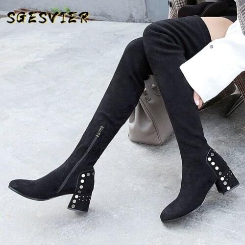 SGESVIER 2020 new arrival thigh high boots women flock zip autumn high heels shoes zip fashion sexy Stretch boots female