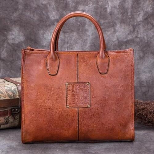 Vintage Genuine Leather Womens Handbag Female Business Briefcase Shoulder Messenger Bags First Layer Cowhide Soft Retro Zipper