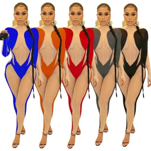 Adogirl Fitness Women One Piece Rompers Zipper Sheer Mesh Stitching Skinny Jumpsuits Sexy See Through Night Club Party Overalls