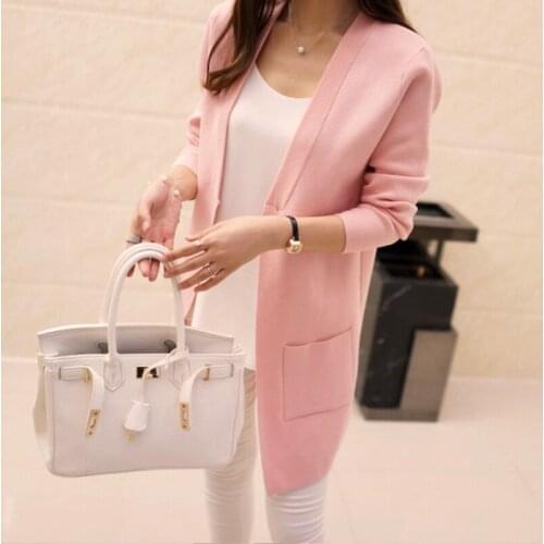 New High Quality Women Spring Autumn Medium-long Cardigan 2016 New female elegant pocket Knitted Outerwear Sweater Cape Top