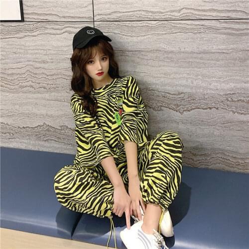 Women Tracksuit 2 Piece Set Summer Sweetshirts Zebra Print Short Sleeved T-shirt + Fashion Drawstring Wide Leg Pants Sweatpants