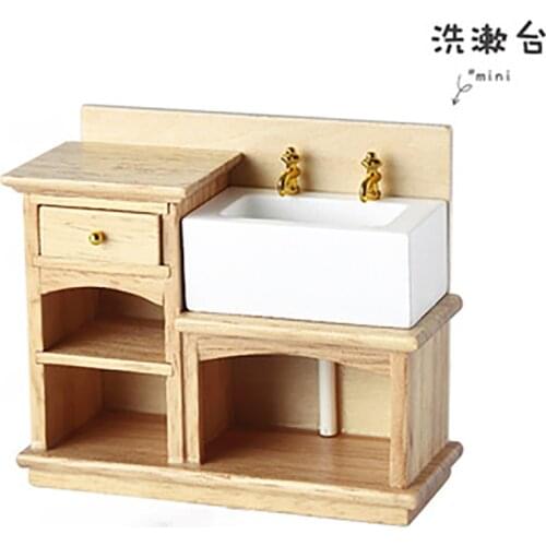 1Pcs 1/12 Doll House Miniature Wooden Wash Stand Simulation Washbasin Model Toy Mini Kitchen Furniture Dollhouse Accessories