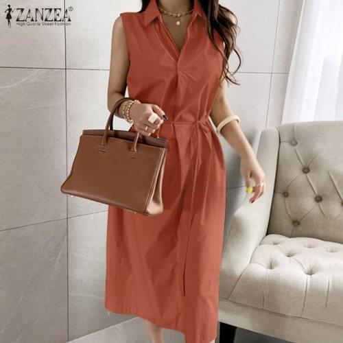 2021 ZANZEA Elegant Women Lapel Neck Shirt Dress Summer Sleeveless Sundress Casual Office Work Solid Vestido Sarafans 7