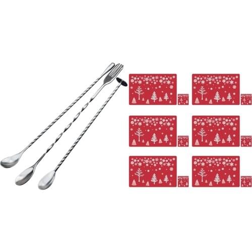 3 Pcs Mixing Spoons Spiral Pattern Bar Cocktail Shaker Spoon & 12Pcs Merry Christmas Placemat Dining Table Mats