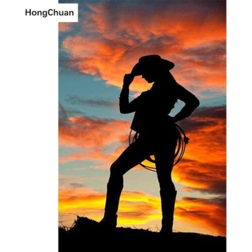 5D DIY Rhinestone Full Square/Round Diamond Painting of Woman in the Sunset "Abstract Colorful" Cross EmbroideryMosaic Color Art