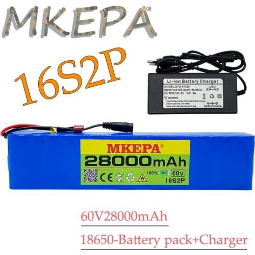 60V 16s2p battery pack Li ion battery pack 67.2v 28ah eBike electric bicycle scooter with BMS 1000W plug and charger
