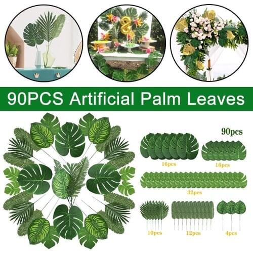 90pcs/set Artificial Palm Leaf Turtle Tropical Jungle Party Decoration Beach Birthday Hawaiian Party Big Green Leaf Decoration