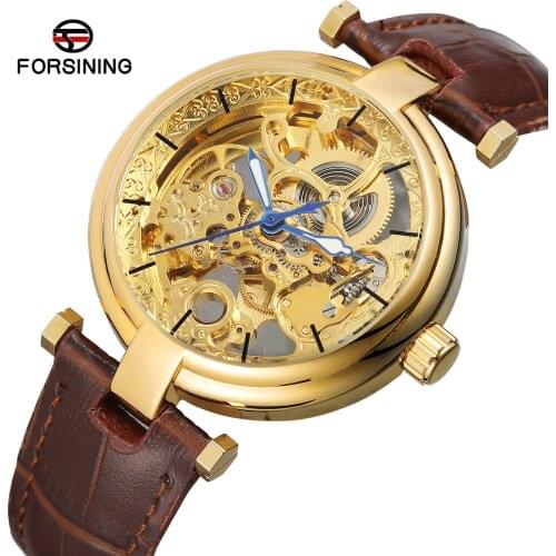 Forsining Retro Men Transparent Automatic Wrist Watch Unique Design Hollow Out Skeleton Leather Mechanical Clock Relojes Hombres