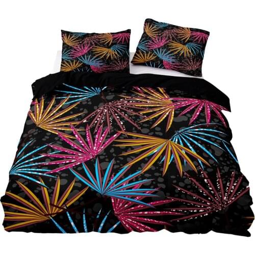 Ethnic Style Black Duvet Cover 200x200 Pillowcase 3Pcs,229x260 Quilt Cover,Blanket Cover ,Colored Leaves Pattern Bedding Set