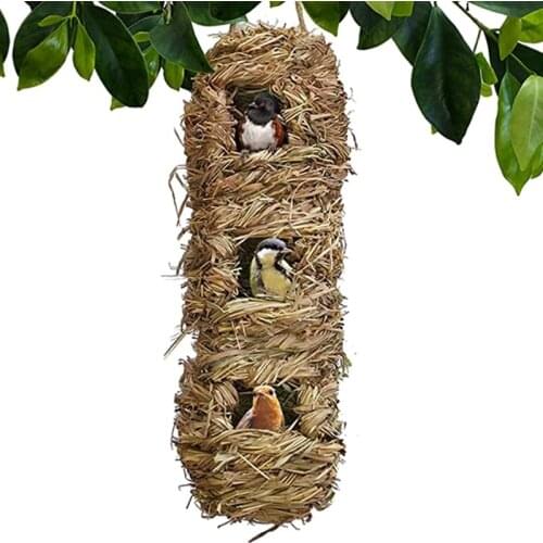Hanging Grass Bird Hut with 3 Holes of Hand-Woven Nest Aviary, Comfortable Outdoor Habitat for Birds DropShipping