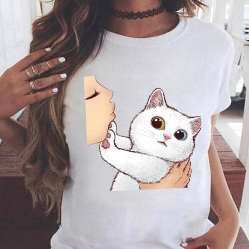 Women t-shirts Fashion Kiss Cat Summer Short Sleeve Ladies tshirts Female Tee Tops Graphics O-neck streetwear tshirt femme 2021