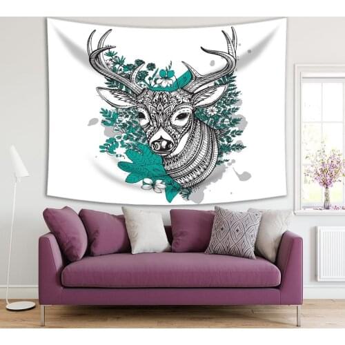 Tapestry Dear Head in Forest Flowers Leaves Tree Branches Doodle Style Decorative Artwork Green Black White