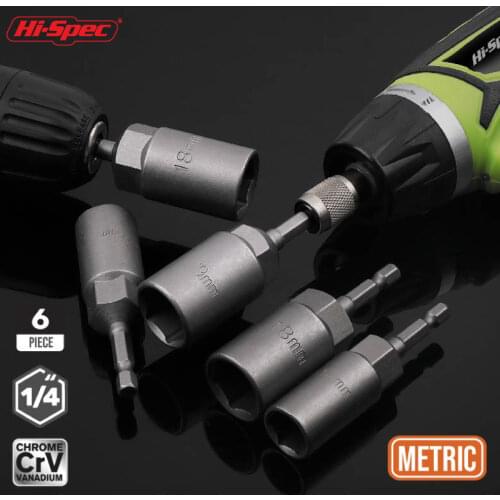 Hi-Spec 6pc Extra Deep Bolt Nut Bit Set 6mm-17mm 80mm Length Impact Socket Adapter Heads 1/4 inch Nut Driver Set for Power Tools