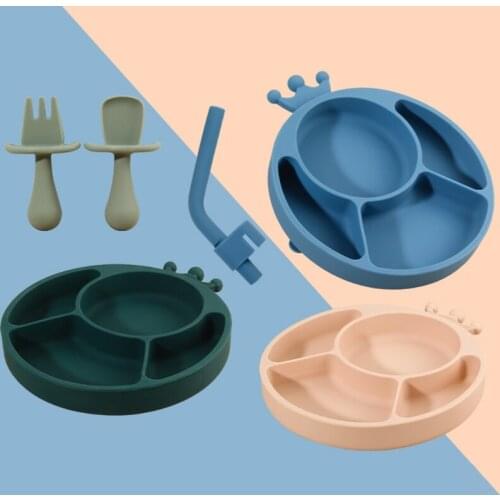 4 Pcs Baby Silicone Dinner Plate Sucker Bowl with Straw Spoon Fork Set Anti Slip Suction Divided Dish Tray Training Feeding 69HE