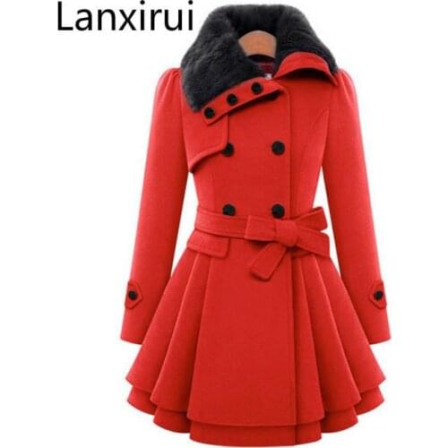 Fashion Women Autumn Winter Warm Woolen Coat Outerwear Medium -Long Fur Collar Casual Thick Jacket Coat