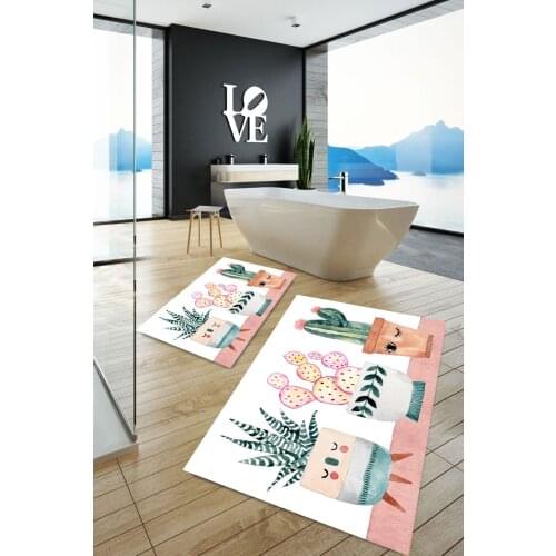 Happy Cactus Washable 2'li Bath Mat Digital Print Cotton Figured Slip-Resistant Outsole White 60x100