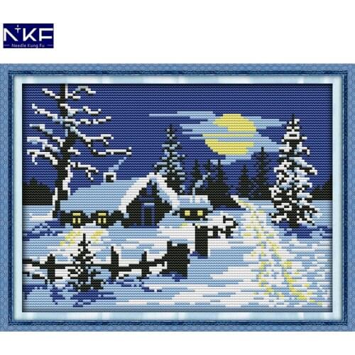 NKF Red Sun Snow Stamped Cross Stitch Pattern DIY Kit Needlework Embroidery Sets Chinese Cross Stitch for Home Decor