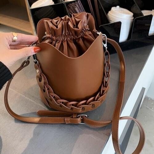 Solid Color Trending Small PU Leather Bucket Bags for Women 2021 Designer Lady Drawstring Shoulder Handbags Hand Bag