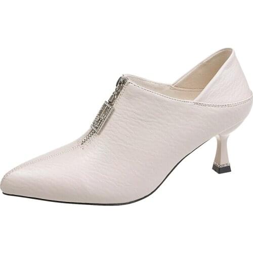 2020 Autumn Winter PU Leather Pointed Toe Thick High Women Shoes Heel Solid Mom Shoes Zipper Wedding Female Pumps U14-51