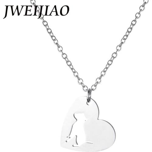 JWEIJIAO Cute Hollow Bulldog Charms Necklace Heart Shape Stainless Steel Pendant Women Kids Necklace Fashion Jewelry Gift SKU01