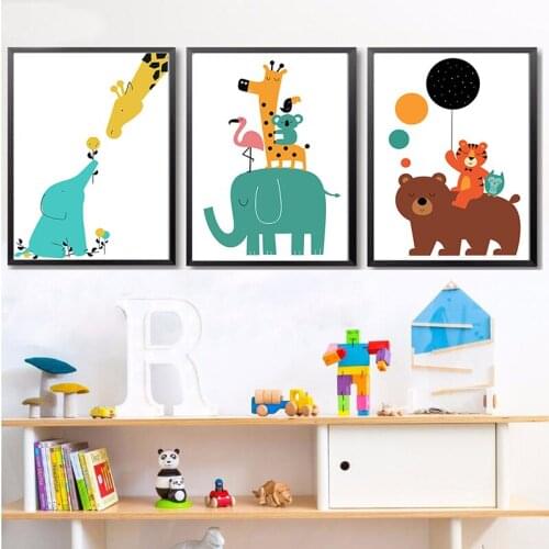 AtFipan Cartoon Animal Poster Modern Simplified Cute Decoration For Children Room Spray Paintings On Canvas Wall Art Unframed
