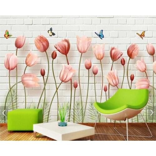 Custom Butterfly Wallpaper, 3D Tulip Butterfly Brick Wall Painting For Living Room Bedroom Sand Background Home Decor Wallpaper