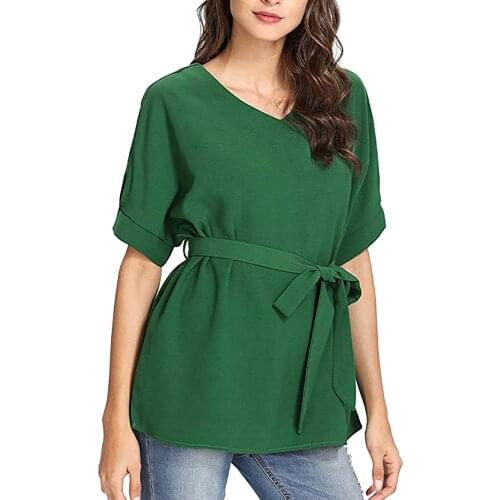 Plus Size Green Tops And Blouses Blusas Mujer De Moda 2021 Womens Fashion Lace-up Waist Puff Sleeve Solid Color V-neck Top