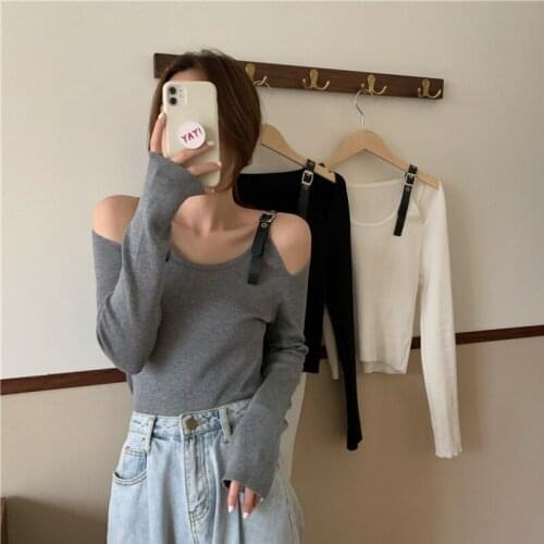 Spring and autumn Korean style tops new womens sweaters 2021 slim slimming strapless long-sleeved short bottoming shirt