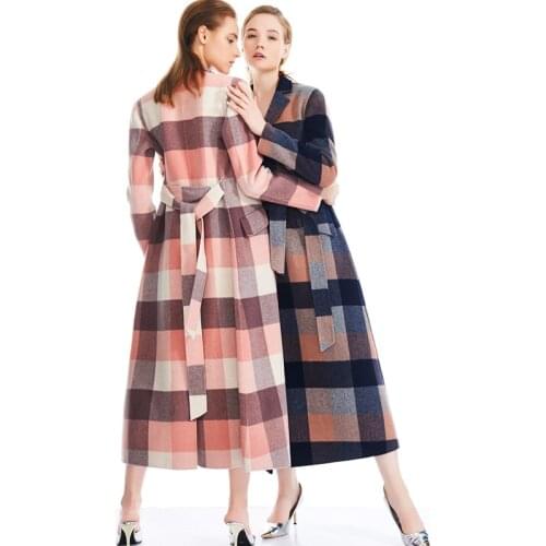 High grade double face woolen women fashion plaid long overcoat suits collar sashes S/M/L