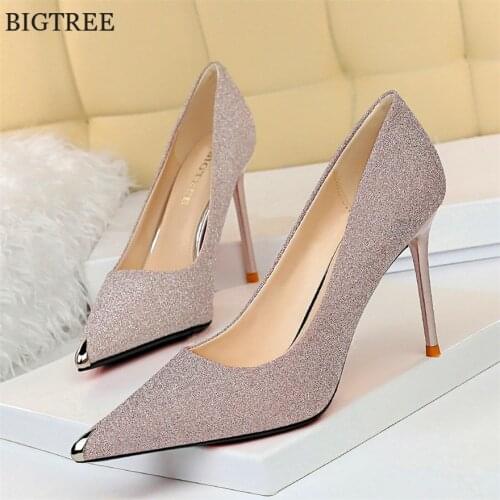 Metal Decoration Pointed Toe Women Shoes Bling Sequined Cloth Slip On Woman Pumps Ladies Party Wedding Shoe Pink Sexy High Heels