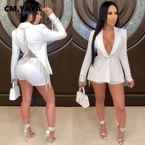 CM.YAYA Women Set Solid Full Sleeve Notched Sinlge Button Tassel Tops Stretchy Shorts Two 2 Piece Sets Office Lady Outfit Summer
