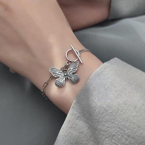 Punk 925 Sterling Silver Vintage Butterfly Charm Bracelet &Bangle For Women Party Jewelry SL023