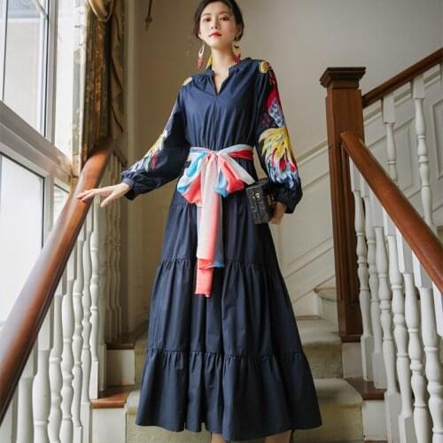 Runway Design Elegant Peacock Embroidery Dress Women Long Lantern Sleeve High Waist Lace Up Cotton Maxi Dresses With Scarf