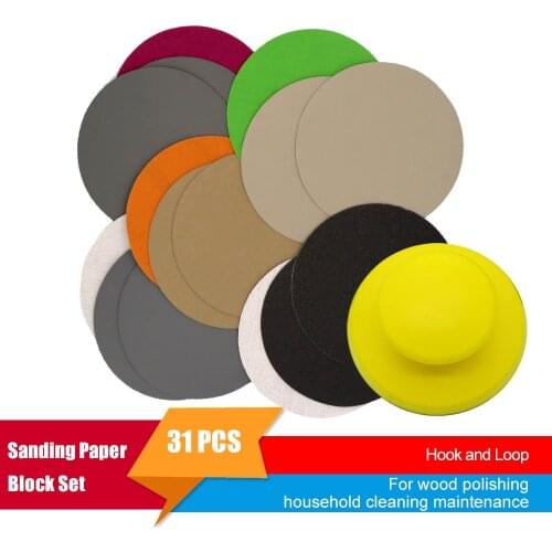 1 Pcs 5 Inch 125MM Hand Sanding Block, 30pcs Hand Hook and Loop Velcro Disc Sandpaper for sanding, wood polishing, buffing Set