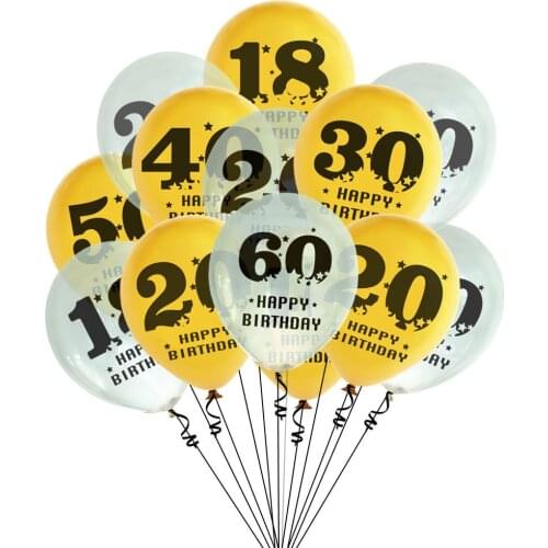 10pcs/pack 12 inch Birthday Balloons 18 20 30 40 50 60 Years Ballons Decoration Birthday ballon Gold Transparent