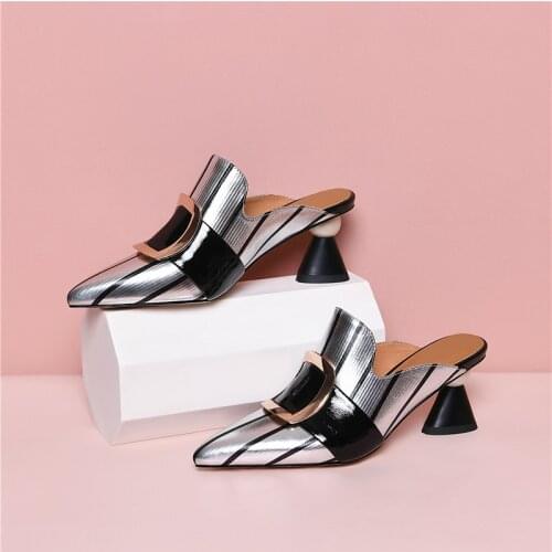 2021 Fashionable Womens Sandal Pointed Leather Spring/Summer High Heels Mule Metal Decorative Shoes Womens Slipper