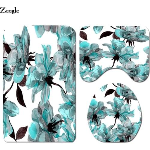 3Pcs/Set Anti-slip Floor Carpet for Toilet Bathroom Bath Mats Floral Printed Bathroom Rug Set Toilet Floor Mat Bathroom Foot Pad