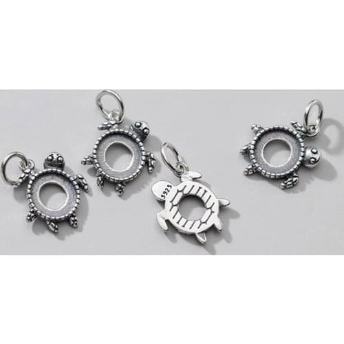 925 Sterling Silver Little Turtle Cabochon Tray Charms DIY Jewelry Making Semi-finished Silver Necklace Pendant Setting Base